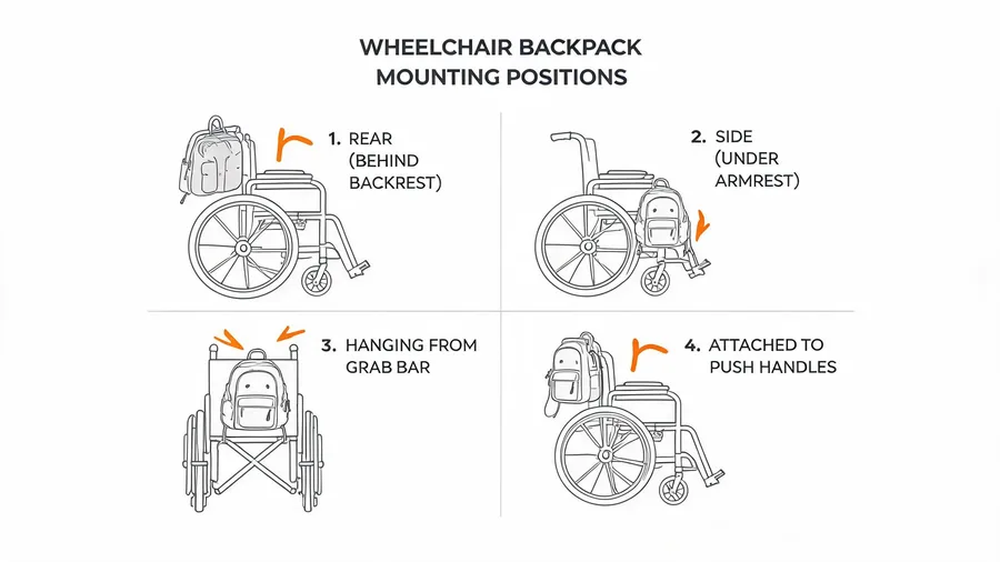 Diagram comparing wheelchair backpack mounting positions and user reach