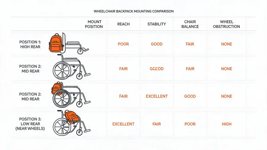 Comparison table of wheelchair backpack mounting positions and trade-offs