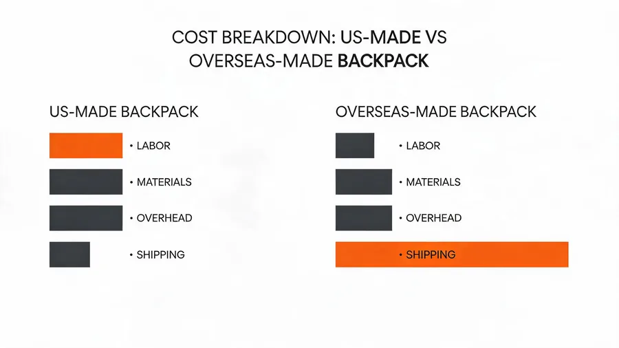 Cost breakdown diagram comparing US and overseas backpack production