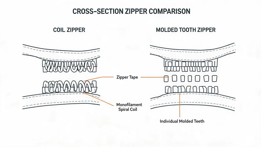 Diagram comparing coil and molded tooth zipper chain construction