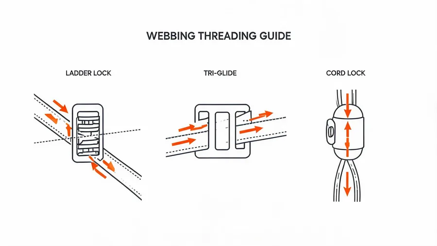 Diagram showing webbing path through ladder lock, tri-glide, and cord lock hardware