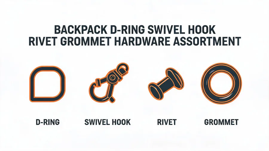 Assortment of backpack hardware including D-rings, swivel hooks, rivets, and grommets