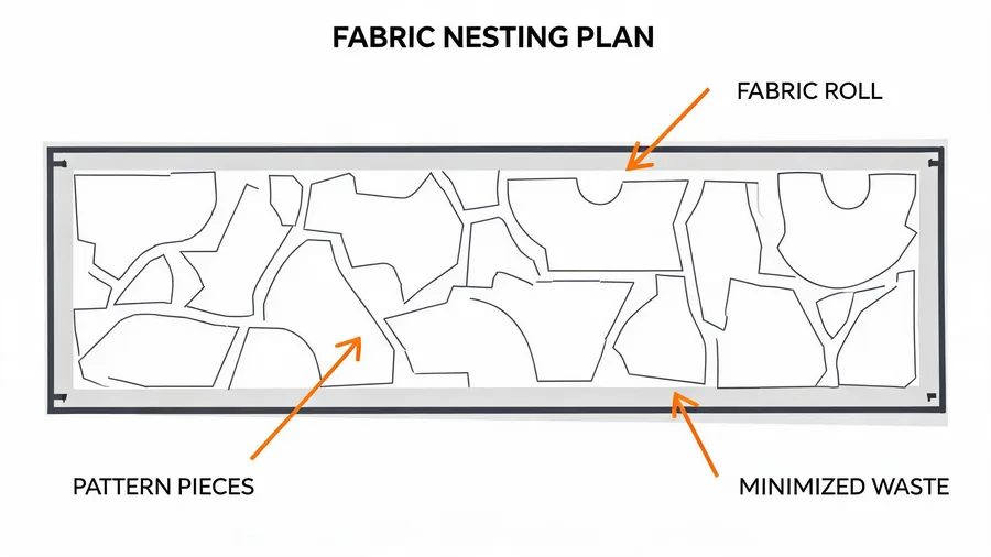 Backpack fabric nesting plan showing pattern pieces arranged for efficient cutting