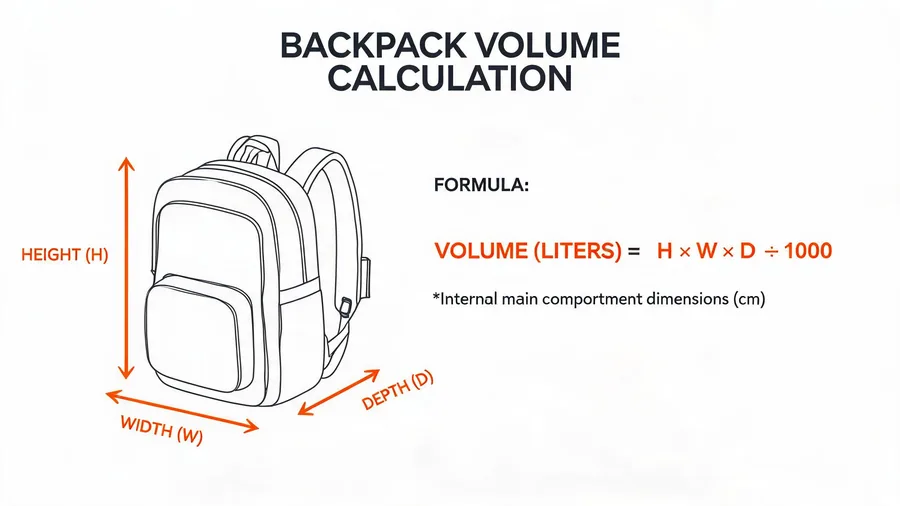 Diagram showing backpack liter measurement from height, width and depth