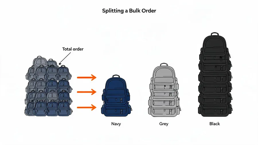 Diagram showing bulk backpacks split across colours and sizes