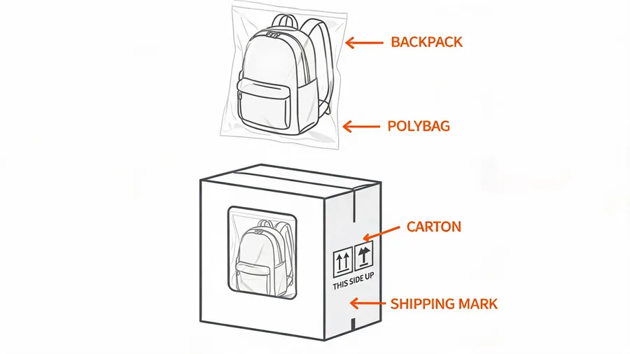 Bulk backpacks in polybags packed in cartons with shipping marks