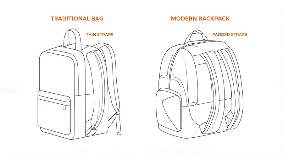 Diagram comparing bookbag and backpack strap and compartment construction