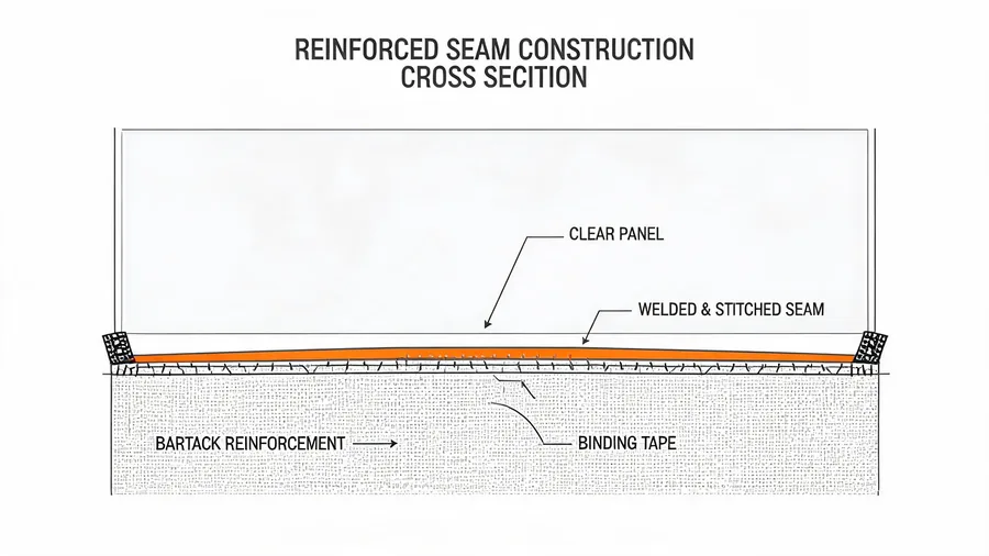 Diagram of reinforced seam construction for clear backpack panel attachment