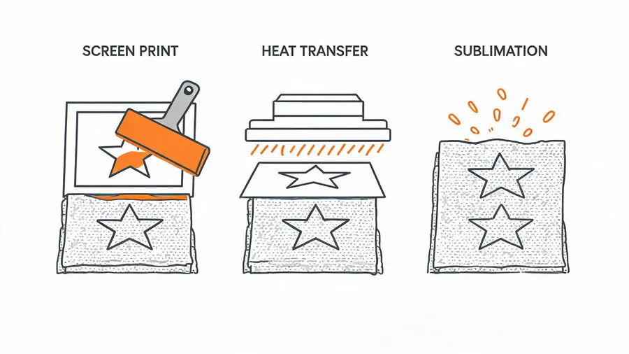 Diagram comparing screen, heat transfer, and sublimation methods for custom printed drawstring bag