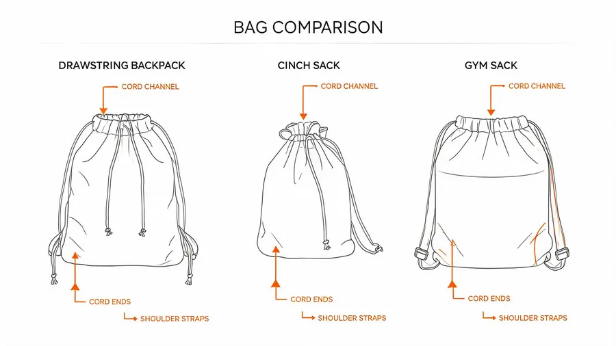 Diagram comparing drawstring backpack, cinch sack, and gym sack