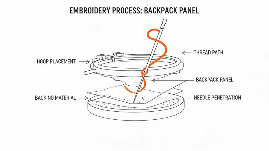 Diagram of embroidery machine stitching a backpack panel with backing
