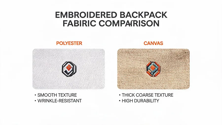 Embroidered backpack fabric samples showing clean stitching versus puckering