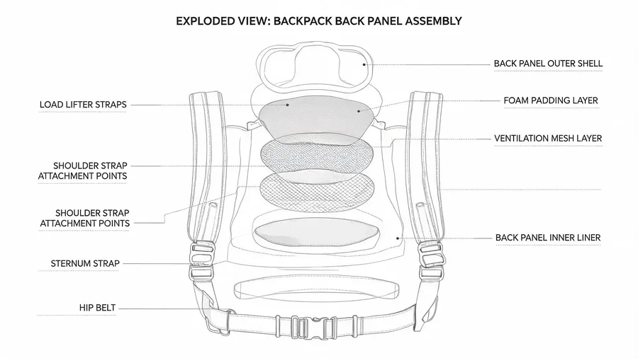 Diagram showing backpack back panel and carrying system components