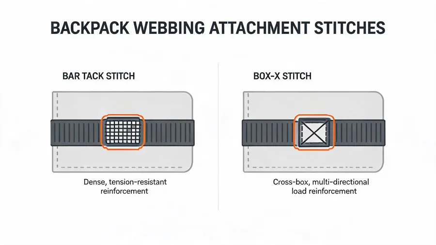 Diagram comparing bar tack and box-x reinforcement stitches on backpack parts