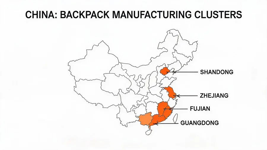 Map showing regional backpack manufacturing clusters across China