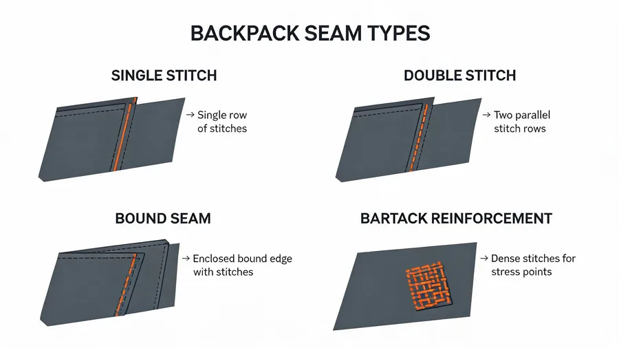 Diagram comparing backpack seam constructions and stress point reinforcement