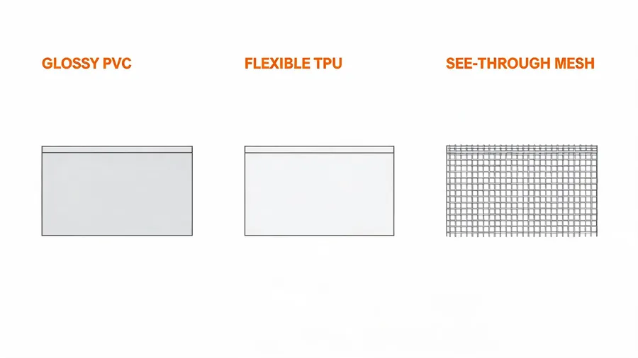 Diagram comparing clear PVC, TPU and see-through mesh materials for wholesale clear backpacks